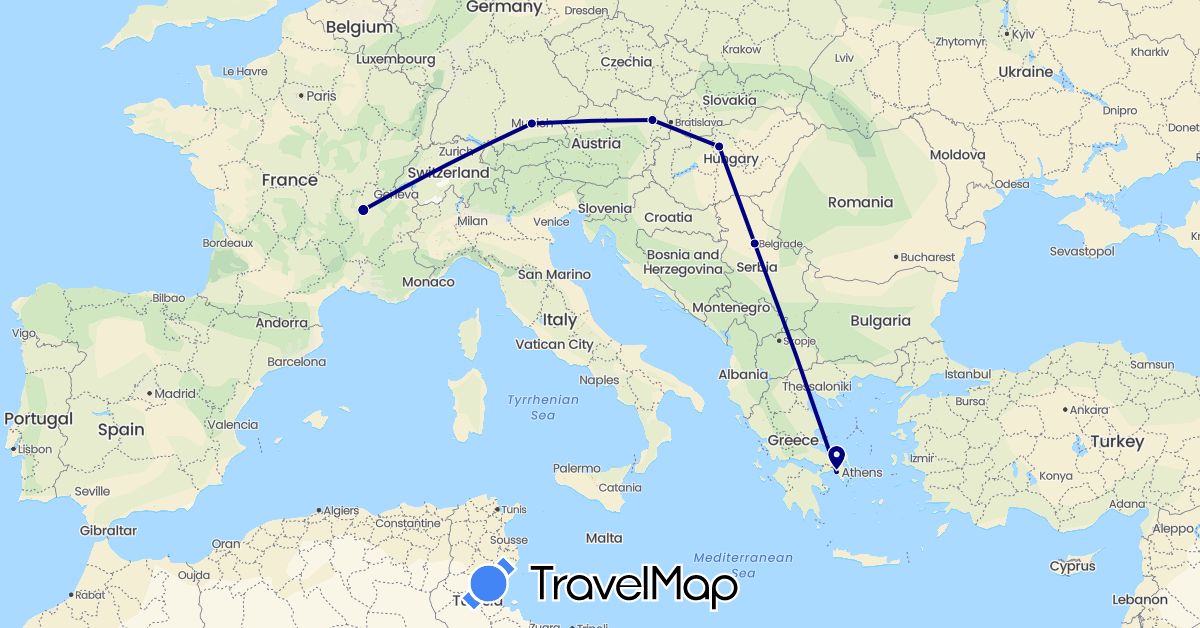 TravelMap itinerary: driving in Austria, Germany, France, Greece, Hungary, Serbia (Europe)